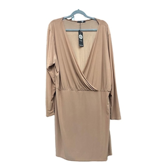 Boohoo Dresses & Skirts - NWT boohoo Wrap Dress Womens Size US 18 Taupe Long Sleeve V-Neck Trendy